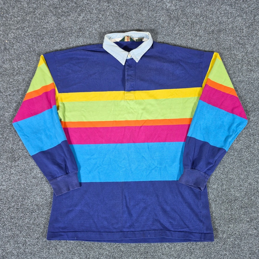 Vintage J.Crew Oarsman Mens L Multi Striped Long Sleeve Cotton Rugby Shirt 90s